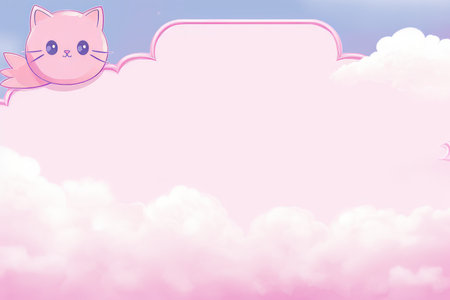 a pink cloud background with a pink cat in the skyの素材