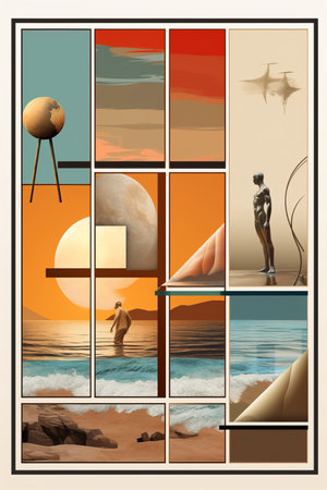a poster of a man standing on a beach with the sun in the backgroundの素材