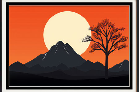 a poster with a tree and mountains in the backgroundの素材