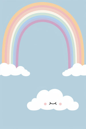 a rainbow and clouds in the sky with a smiley faceの素材