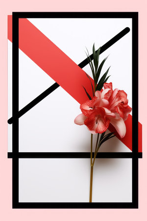 a red flower is placed in front of a black and white squareの素材