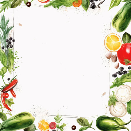 a square frame with vegetables and herbs on itの素材