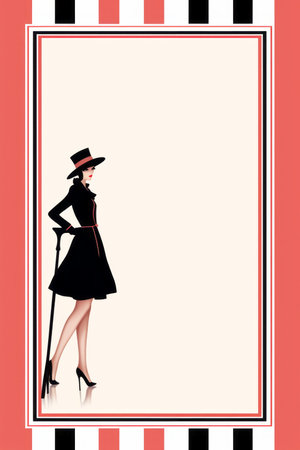 a woman in a black dress and hat is standing in front of a red and black striped backgroundの素材