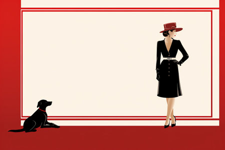 a woman in a black dress and hat stands next to a black dogの素材
