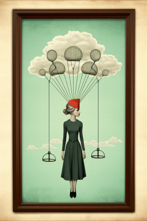 a woman in a dress and red hat is flying in the air with balloonsの素材