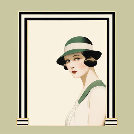 a woman wearing a hat and green dress in a frameの素材