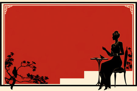a woman sitting at a table in front of a red backgroundの素材
