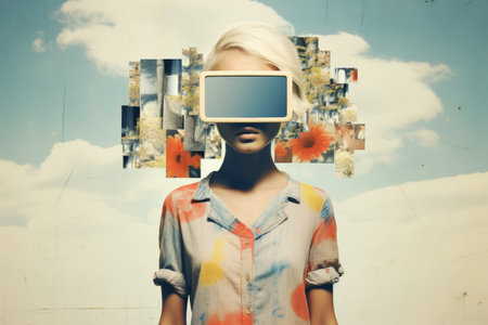 a woman wearing a vr headset with pictures on her faceの素材