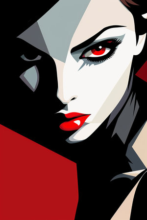 a woman with red eyes and black hairの素材