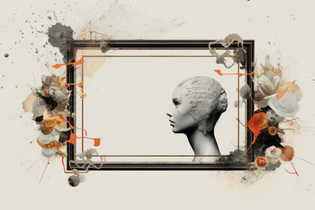 a womans head is in a frame with flowers and paint splattersの素材