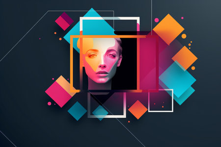 a womans face is surrounded by geometric shapes on a dark backgroundの素材