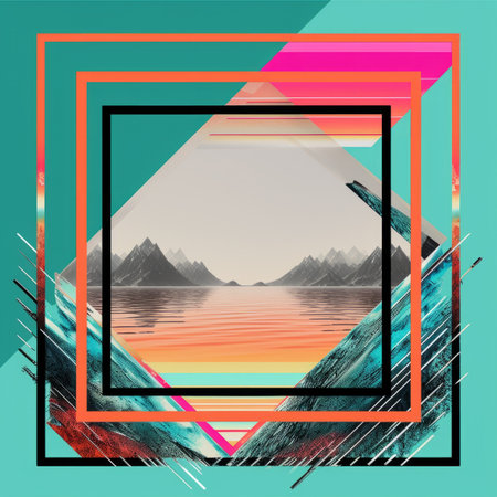an abstract image of mountains and water in a square frameの素材