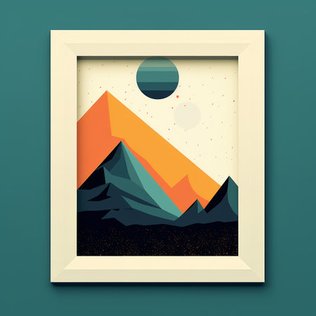 an abstract painting of a mountain range with a sun in the skyの素材
