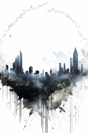 an abstract painting of a city skyline in the middle of a white backgroundの素材