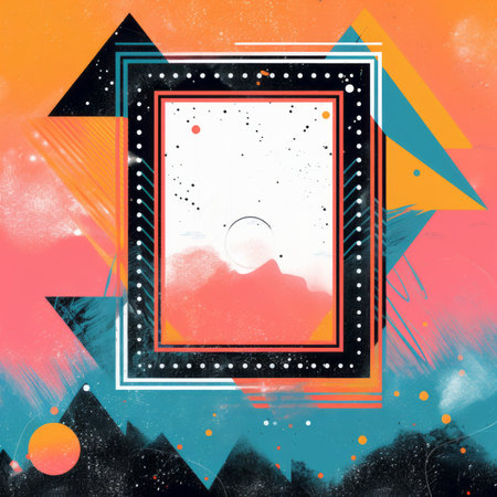 an abstract painting with a square frame on top of an orange blue and yellow backgroundの素材