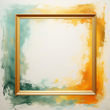 an abstract painting with a gold frame on a white wallの素材