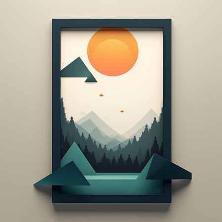 an art piece with a picture of mountains and a sunの素材