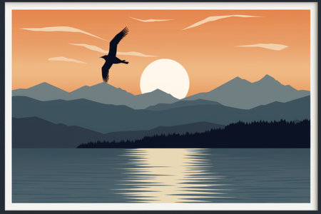 an art print of a seagull flying over a lake at sunsetの素材