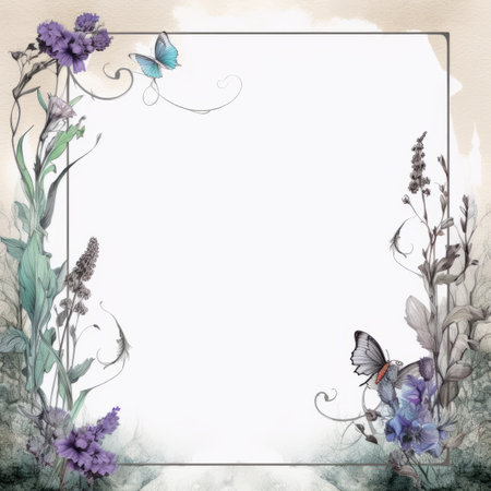 an artistic frame with purple flowers and butterfliesの素材
