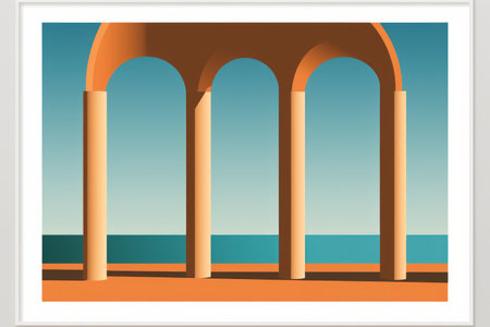 an art print of three arches on the beach with the ocean in the backgroundの素材