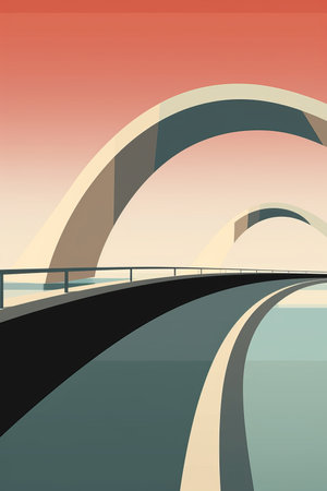 an illustration of a bridge over the ocean with a sunset in the backgroundの素材
