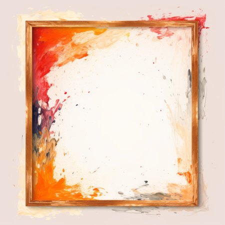an empty wooden frame with paint splatters on itの素材