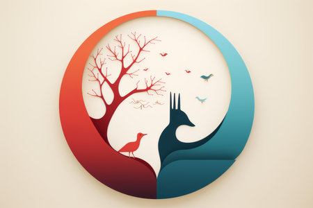 an illustration of a deer and bird in a circular frameの素材