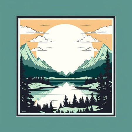 an illustration of a lake and mountains with a sun in the backgroundの素材