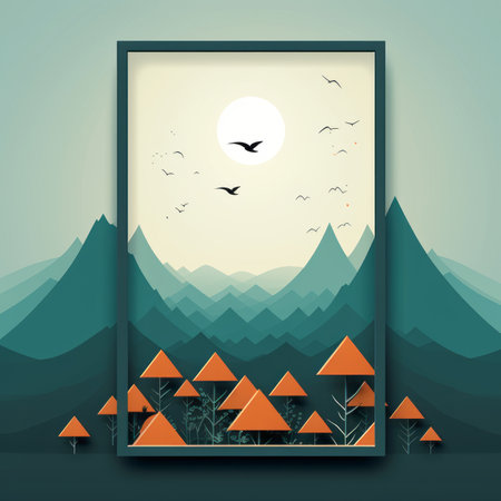 an illustration of a mountain landscape with birds flying over itの素材