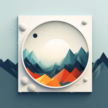 an illustration of a mountain landscape with an orange and blue skyの素材