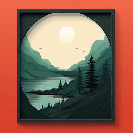 an illustration of a mountain landscape with trees and a lakeの素材