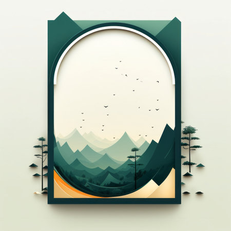 an illustration of a mountain landscape with trees and birdsの素材