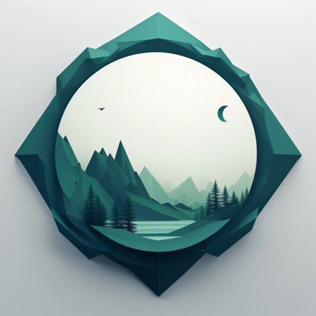 an illustration of a mountain landscape with trees and a moon in the skyの素材