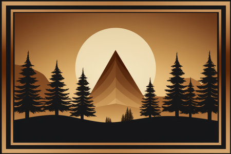 an illustration of a mountain with trees and a sun in the backgroundの素材
