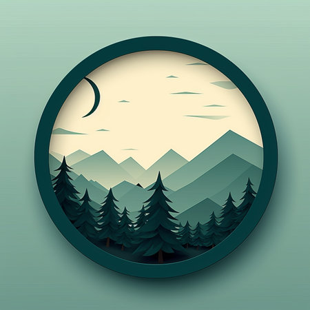 an illustration of a mountain range with trees and a moon in the backgroundの素材
