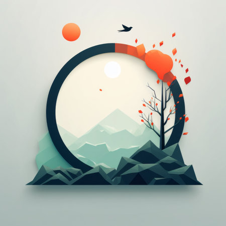 an illustration of a mountain scene with trees and a bird in the skyの素材