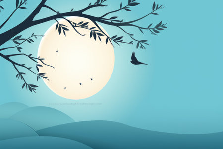 an illustration of a tree with birds flying over itの素材