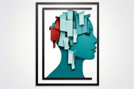 an illustration of a womans head with red and blue pieces of paperの素材