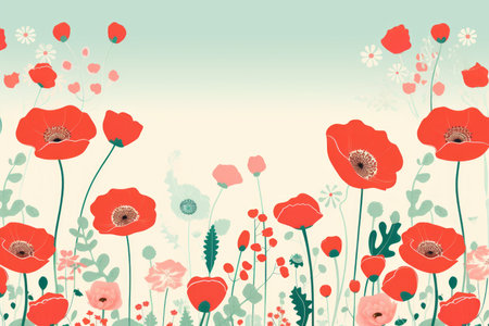 an illustration of red poppies in a fieldの素材