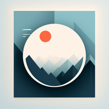 an illustration of mountains and a sun in the skyの素材