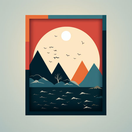 an illustration of mountains and water with birds in the skyの素材