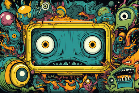 an illustration of an old television set surrounded by monstersの素材