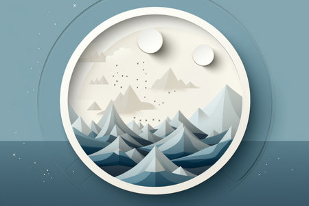 an illustration of the ocean and mountains in a circular frameの素材