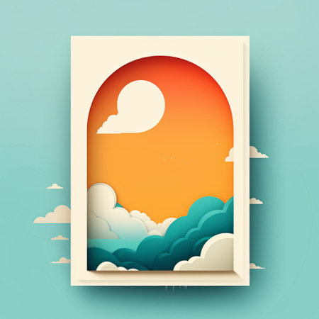 an illustration of clouds and sun in a paper cutout frameの素材