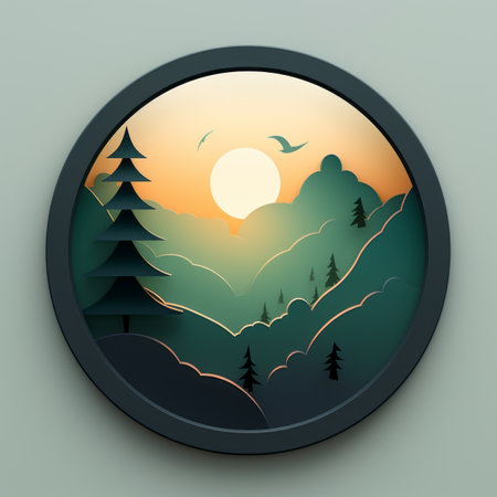 an image of a mountain scene with trees and a bird in the skyの素材