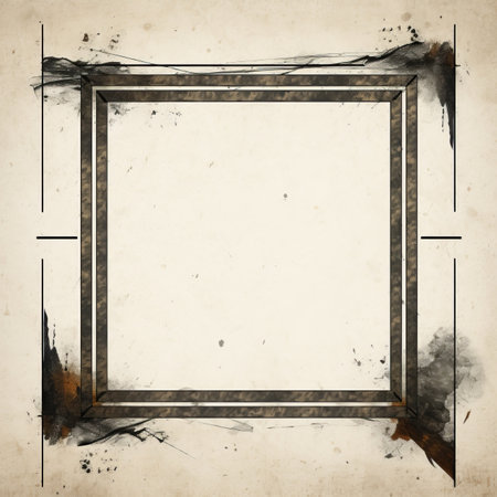 an old paper background with a square frame and paint splattersの素材
