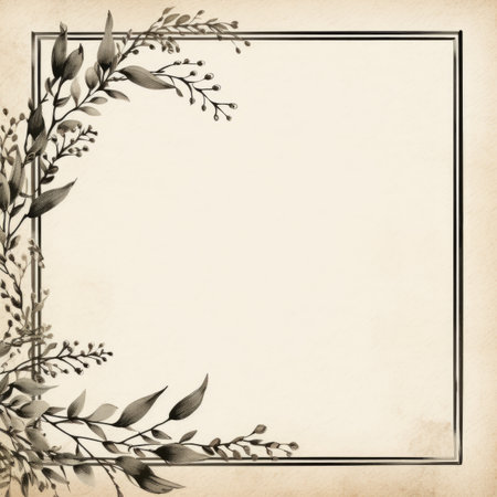 an old paper background with a square frame and leavesの素材