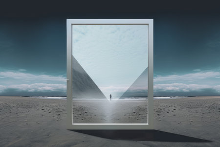 an open door on the beach with a man standing in front of itの素材