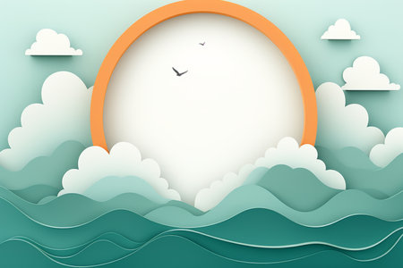 an orange oval frame with clouds and birds in the backgroundの素材