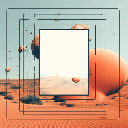 an orange desert with a square frame and some balls in itの素材